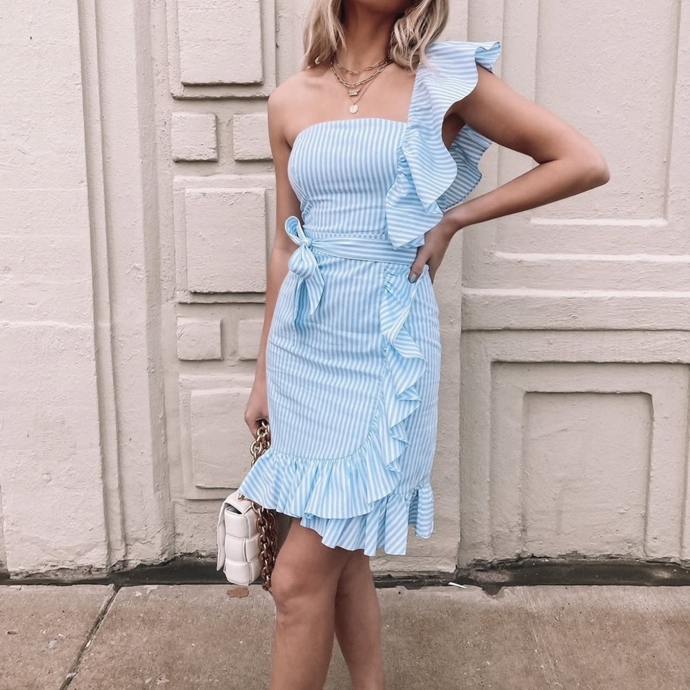 Elegant Blue Striped Ruffle Dress